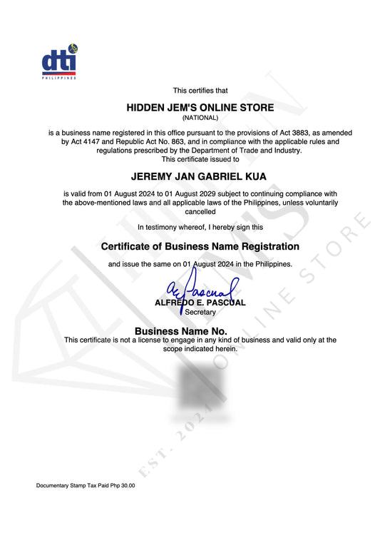 Hidden Jem's DTI Certificate Of Business Name Registration