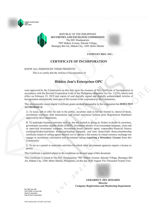 Hidden Jem's SEC Certificate Of Incorporation