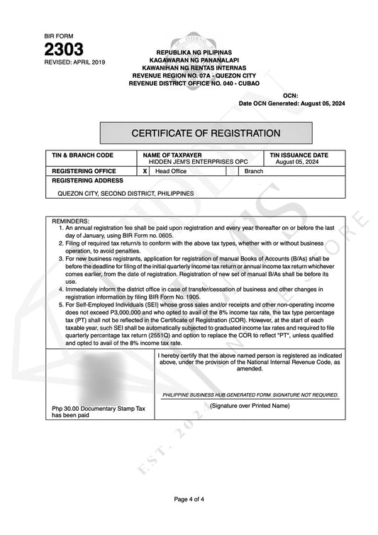 Hidden Jem's BIR Certificate Of Registration